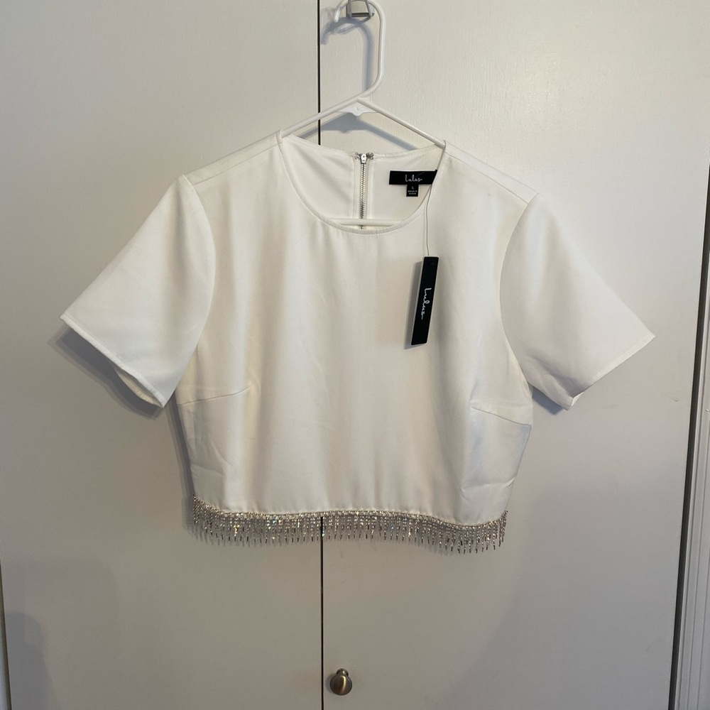 NWT Lulu’s Sparkle Hour Cropped White Rhinestone Fringe Top size Large